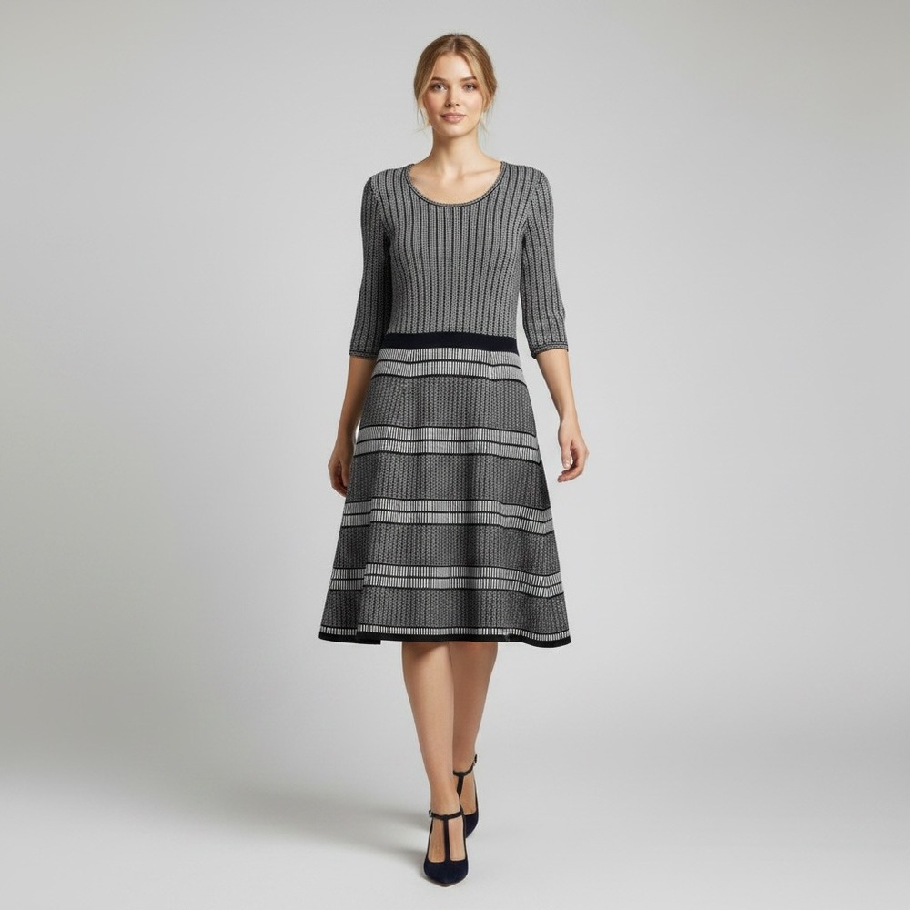 Taylor Preppy Whimsy Academia Midi Knit Sweater Fit Flare Dress 1X 3/4 Black Geo